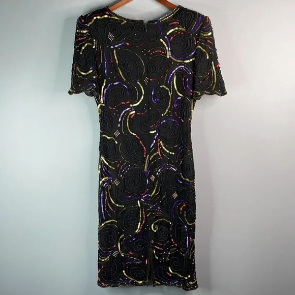 VINTAGE Glamour Silk Sequinned Beaded Dress Black Cocktail Shoulder Pads Size S - Picture 9 of 12